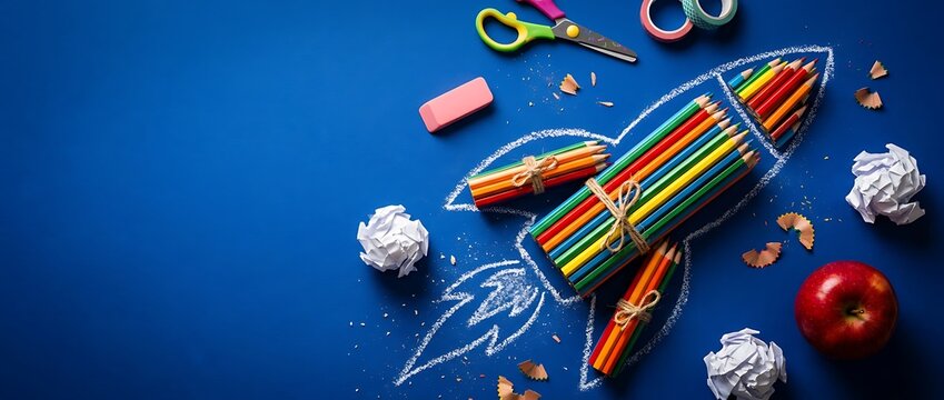 Rocket ship launching from colored pencils with school supplies and apple on blue background concept of education and startup ideas.