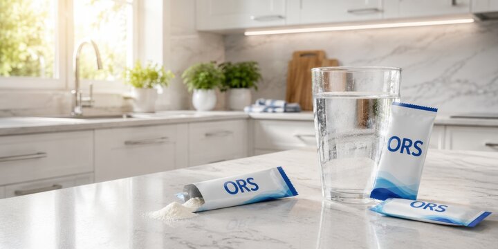 Oral rehydration solution powder with glass of water in modern kitchen. Hydration support, electrolyte replacement, dehydration recovery and home healthcare concept