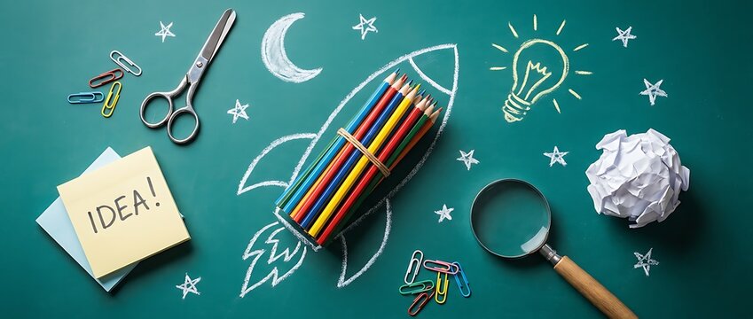 Chalk drawing of two rocket ships made of colored pencils on green blackboard with school supplies lightbulb and starry sky.