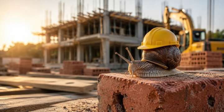 Snail wearing construction helmet on building site, symbolizing slow construction progress and project delays. Deadline pressure, inefficiency and time management concept. Horizontal banner