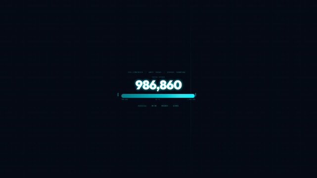 Digital counter display showing rapidly increasing numerical values on a glowing blue screen interface for modern motion video animation clips