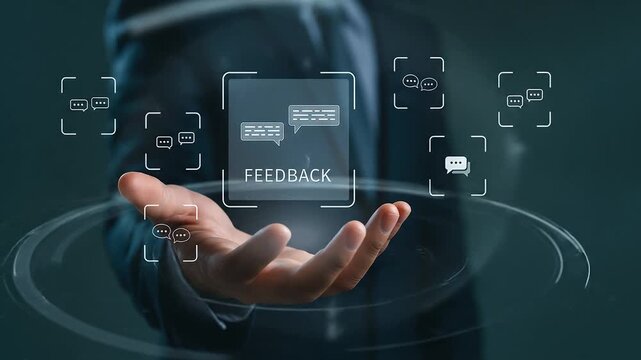 Businessman Holding Glowing Hologram Feedback Interface Icon with Chat Bubble and Stars Customer Service Review and Survey Evaluation Concept over Dark Background