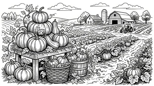 Black and white illustration of a pumpkin patch on a farm with a barn and fields in the background for coloring book