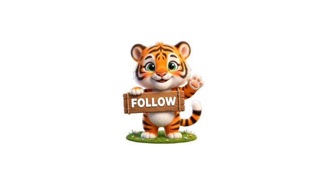 Cute Tiger Holding FOLLOW Sign Animation on white 