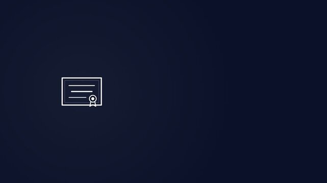 Minimalist digital diploma icon animation featuring a sleek white line art certificate on a dark blue motion video background screen