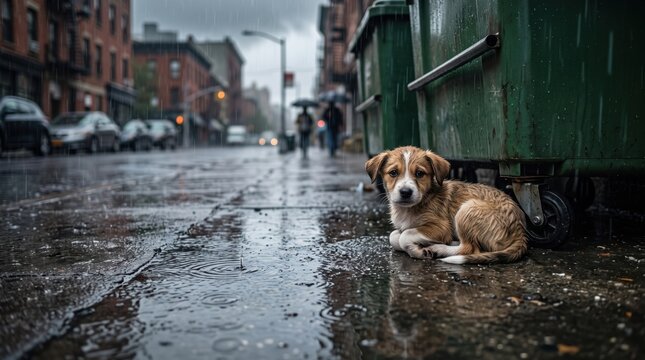 Lonely abandoned puppy sitting on a rainy city street near a dumpster. Homeless animal, neglect, rescue, adoption, animal welfare and compassion concept