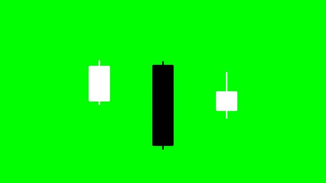 Candlestick chart pattern animation displays fluctuating financial market data with black and white bars on vibrant green screen video motion.