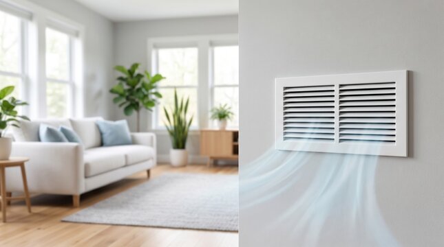 Modern wall air vent supplying fresh cooled air in bright living room. HVAC ventilation, indoor air quality, climate control, home comfort and energy efficiency concept
