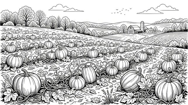 Black and white illustration of a pumpkin patch on a farm with a barn and trees in the background for coloring book