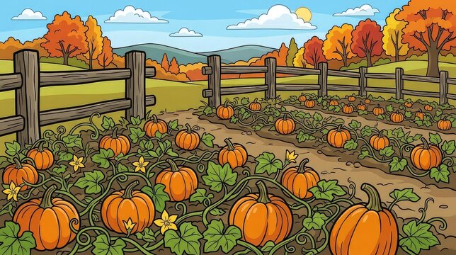 Vibrant cartoon pumpkin patch on a sunny autumn day with a rustic wooden fence and colorful trees in the background