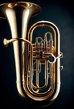 Close-up of a shiny brass tuba in studio lighting