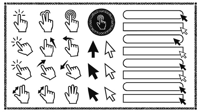 Set of hand cursor icons, click gestures, and arrow pointers featuring a search bar for website navigation and user interface interactive design.