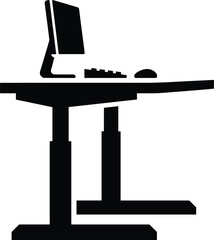 Fototapeta premium Minimalist adjustable standing desk black silhouette vector icon featuring computer monitor keyboard and mouse for ergonomic remote workspace isolated on white background.