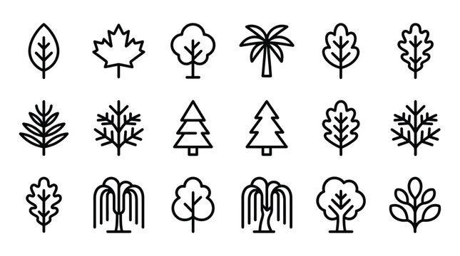 A comprehensive grid of minimalist black and white tree and leaf icons for nature design.