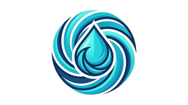 Modern hydro energy logo design, abstract circular vortex with a detailed water drop and wave icon in the center, isolated on white background