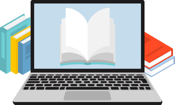 Online education concept vector illustration with open book on laptop screen and colorful textbooks