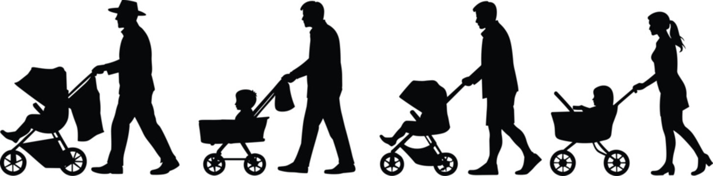 Silhouettes of adults pushing baby strollers on a white background vector illustration