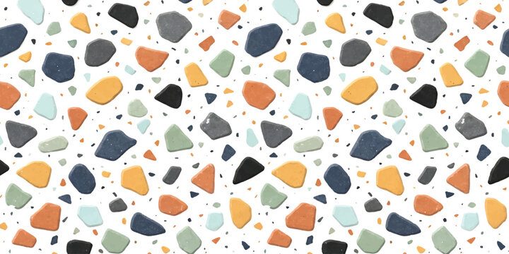 Abstract terrazzo pattern with colorful stone shapes and pebbles