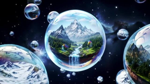 Surreal landscapes inside glass spheres floating in space.