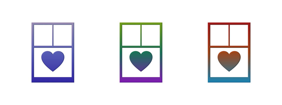 Three colorful window frames with heart shapes inside