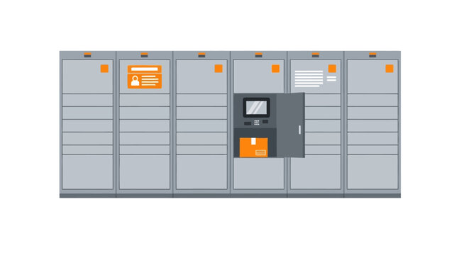 Modern Automated Parcel Locker Station for Smart Package Delivery and Secure Pickup, Flat Vector Illustration Isolated on White Background