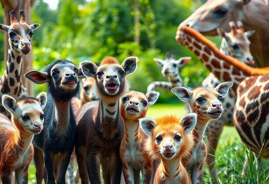 group of young giraffes and okapi in zoo enclosure