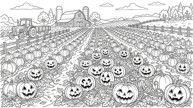 Extensive pumpkin patch illustration with carved jack o' lanterns farm buildings and harvest tractor scene