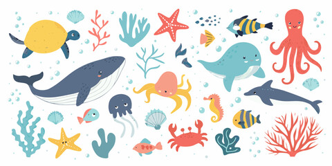 Colorful Marine Life Illustrations With Whales Turtles And Coral © Minati