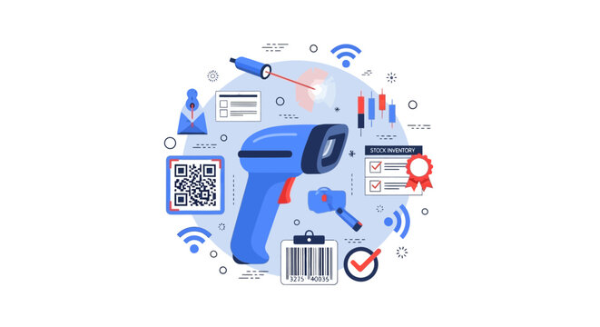 Handheld Barcode Scanner and Inventory Management Flat Vector Illustration with QR Code and Logistics Icons