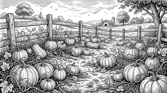 Black and white illustration of a pumpkin patch with a rustic fence and farmhouse in the background for coloring book