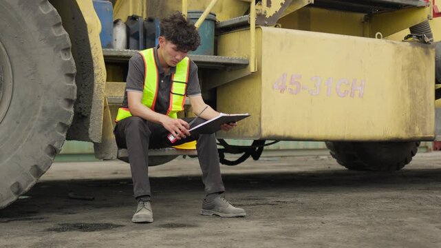 A stressed logistics worker with a clipboard sits on heavy machinery, feeling overwhelmed by job pressure and illustrating the concept of employee burnout.