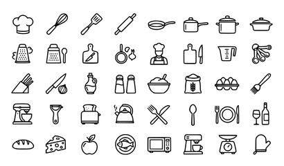 Fototapeta premium Kitchen and Cooking Outline Icons Vector Collection