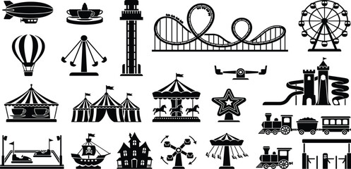 Amusement park silhouette vector icons set featuring roller coaster ferris wheel carousel circus tent bumper cars and carnival rides isolated on white background. © Mehedi