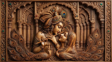 Fototapeta premium Exquisite Wooden Carving of Radha Krishna with Peacock Motifs – Intricate Traditional Indian Temple Art