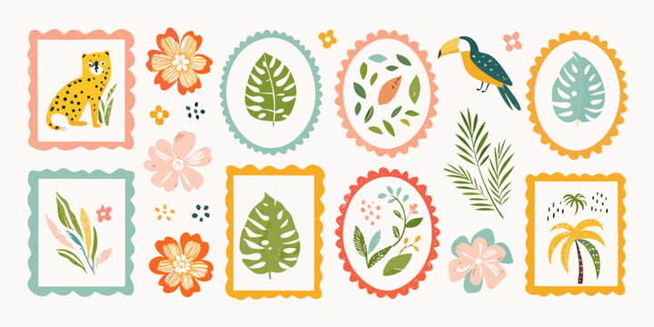 Tropical floral ornament and animal illustrations in decorative frames
