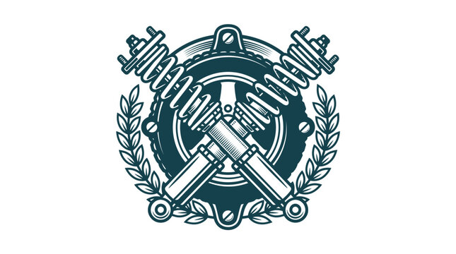 Automotive emblem featuring crossed shock absorbers, coil springs, mechanical gear, and laurel wreath. Detailed vector illustration for car tuning and garage branding.