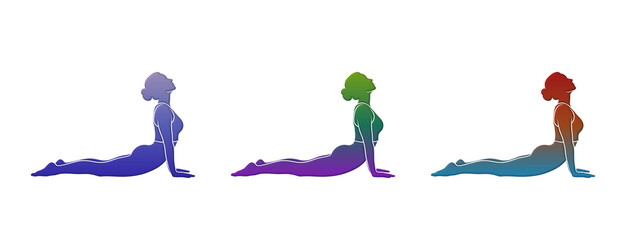 Fototapeta premium Three colorful women doing cobra yoga pose illustration