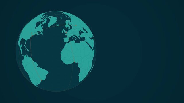Global connection lines map across a digital 3D earth globe showcasing the Atlantic Ocean and Europe in a cinematic corporate tech background