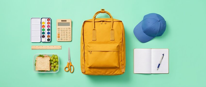 Yellow backpack surrounded by school essentials like watercolors calculator ruler scissors lunch box and blue cap.