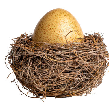 A large speckled egg rests snugly in a handmade nest, symbolizing new beginnings and protection