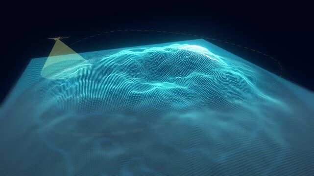 Military drone scans a digital terrain wireframe with a bright light beam in a 3D animation loop depicting modern technology surveillance