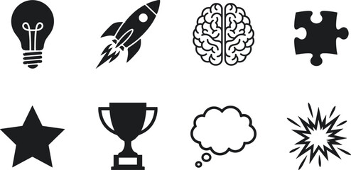 Fototapeta premium Innovation and creativity icons set featuring light bulb, rocket, brain, puzzle, and achievement symbols