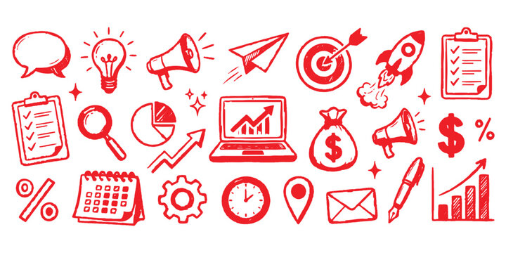 Set of business and marketing hand drawn icons in red color