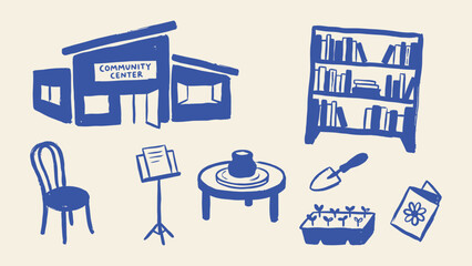 Hand drawn community center icons with library bookshelf pottery wheel and gardening tools © Zyariss
