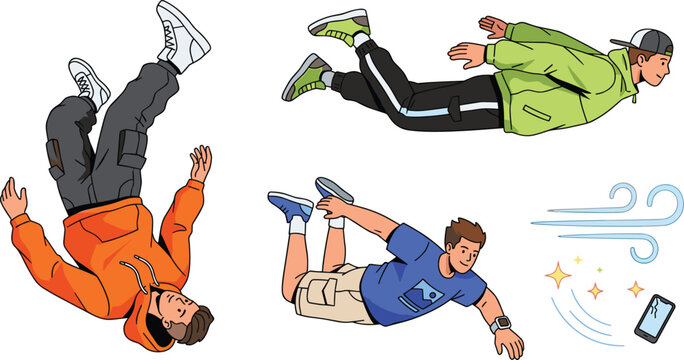 Young Men Floating and Falling in Midair with Wind Effects and Flying Phone Vector Character Illustration Set
