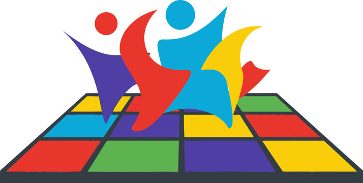 Colorful abstract figures dancing on a vibrant checkered dance floor