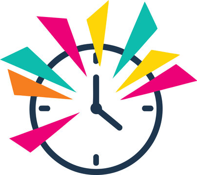 Creative clock with colorful exploding abstract shapes, concept of time, idea, explosion