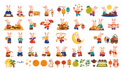 Fototapeta premium Mid Autumn Festival Rabbit Collection with Mooncake Lantern Pomelo and Lunar Holiday Flat Vector Clipart