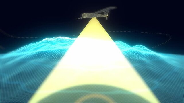 Robotic aircraft emits a volumetric light ray to scan a wireframe mountain landscape in a futuristic 3D animation loop with a dark background
