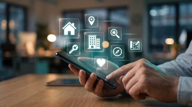 Digital Property Search Management: Online Mobile Real Estate Marketplace, Virtual House Hunting, and Smart Apartment Rental Apartment Navigation using Interactive White Holographic Interface Icons